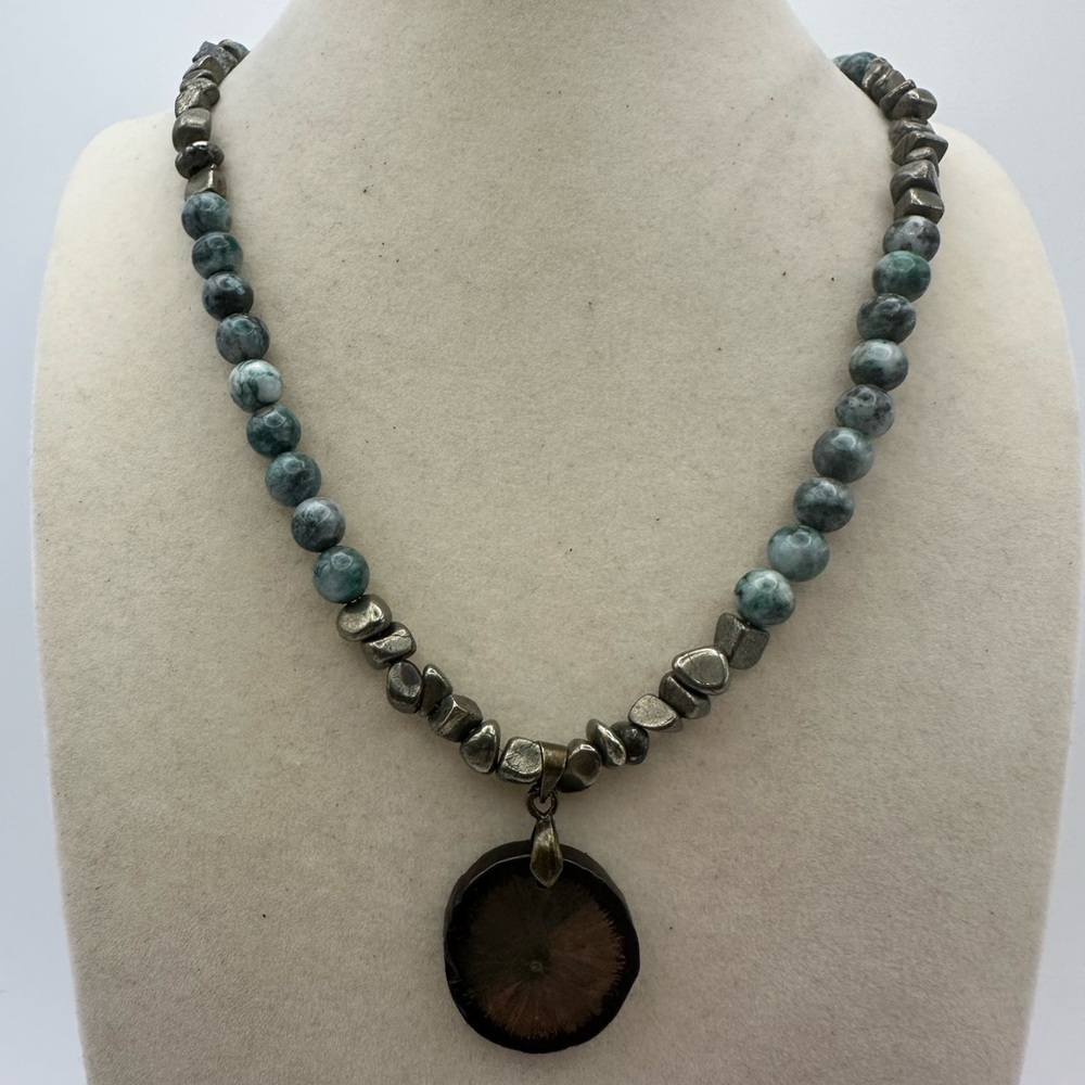 Pyrite and Jade Beaded Necklace with Pyrite Sun Pendant - Picture 5 of 12